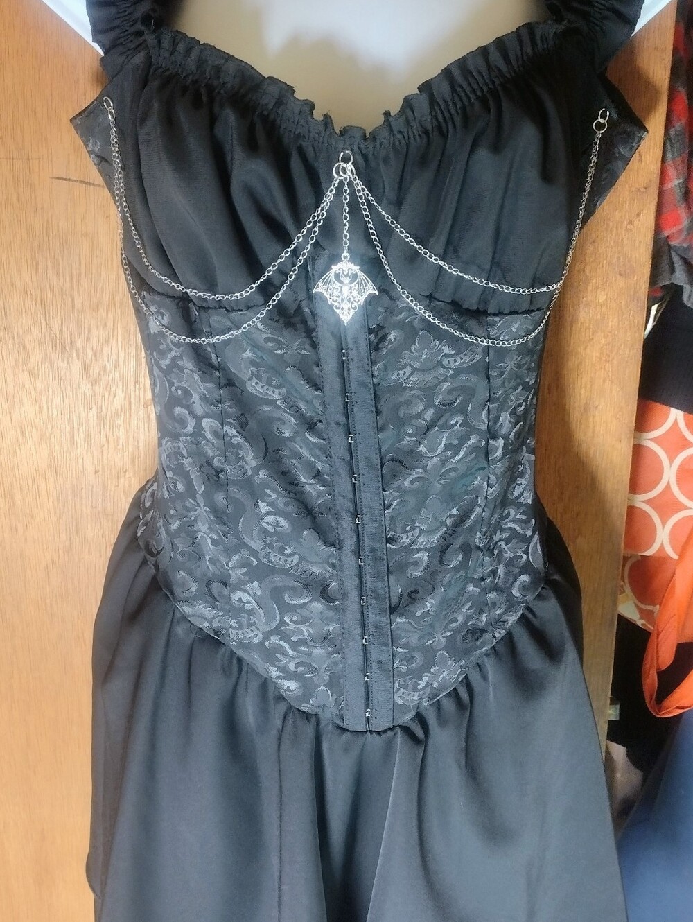 Black Brocade Corset Mini Dress with Bat Charm & Silver Chain Accents